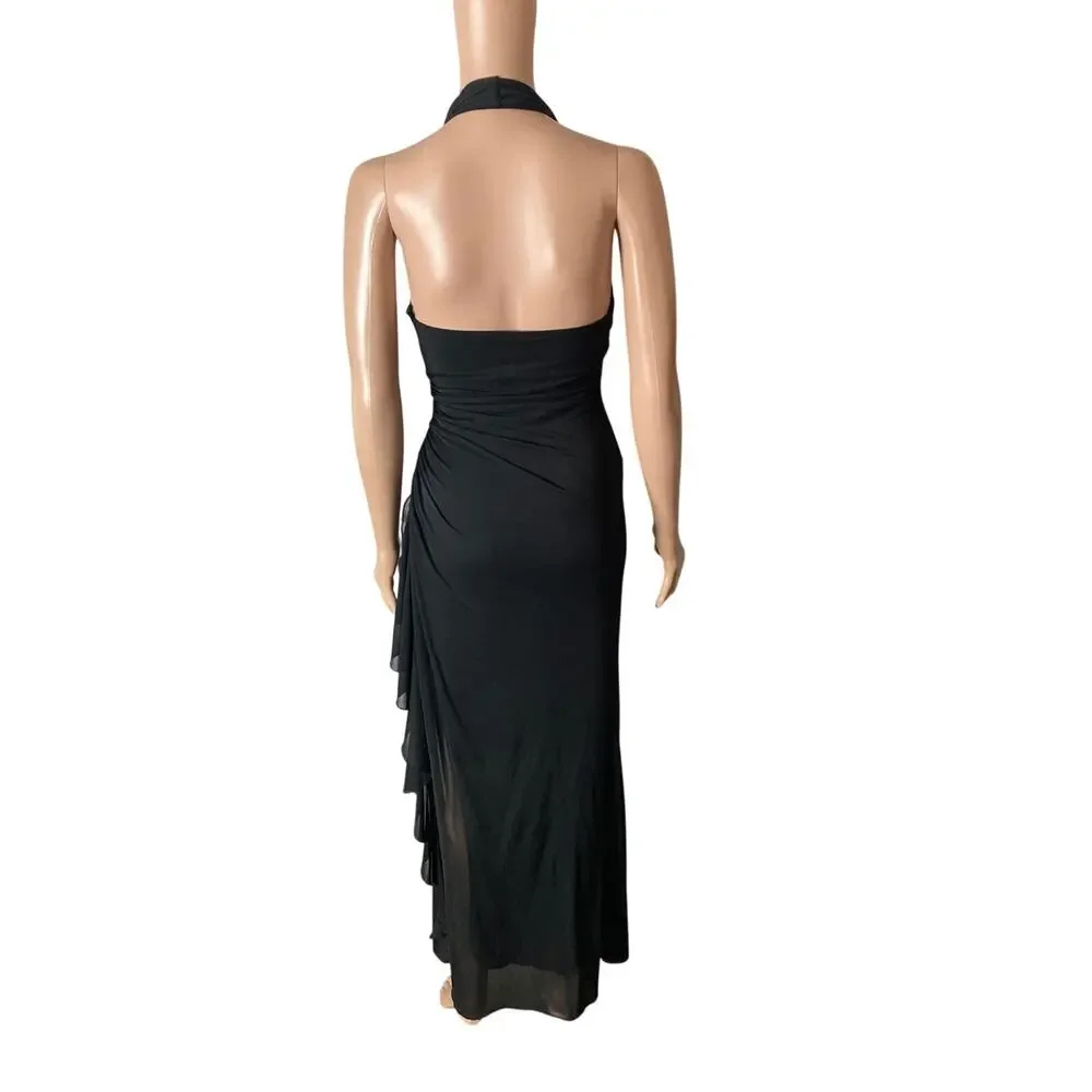 Vintage Black Halter Maxi Dress Womens Small Rhinestone Open Back Formal Gown